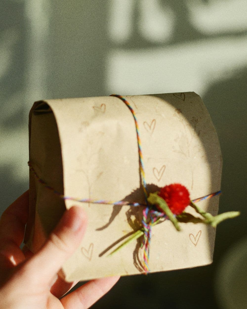 Hand holding a small kraft-paper package tied with rainbow string and a red dried flower